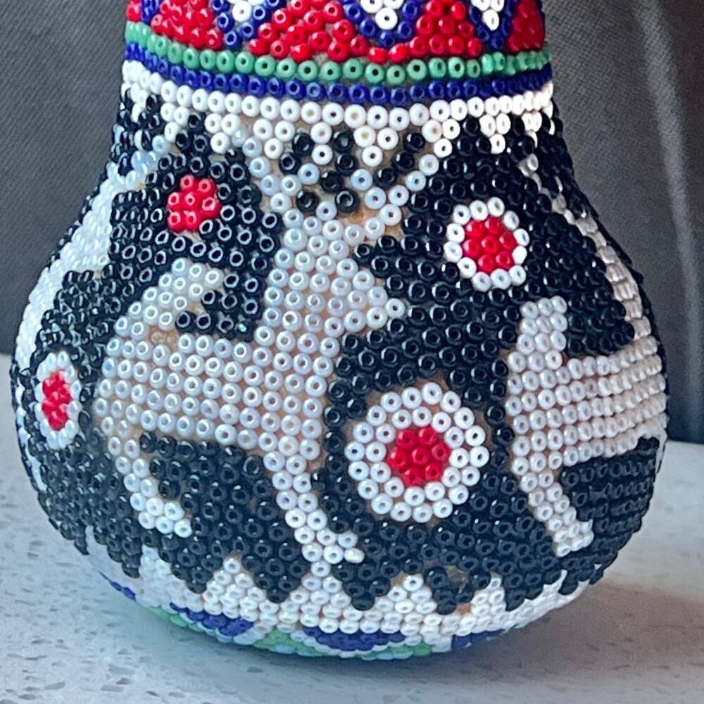 Handcrafted Beaded Gourd Sculpture With Colorful Geometric & Animal Patterns - Picture 5 of 8